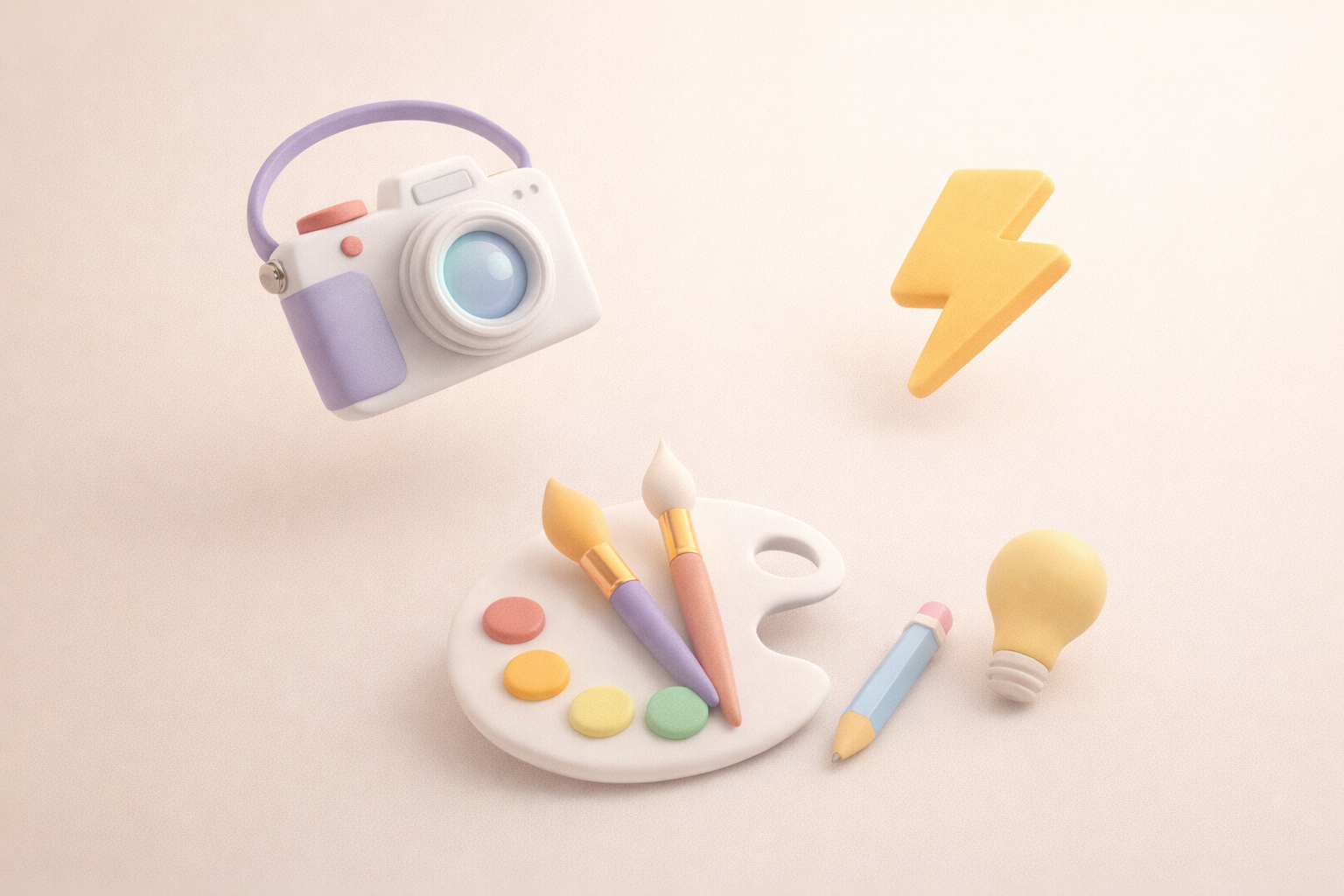Ícones 3D minimalistas de câmera e pintura flutuando em fundo pastel.