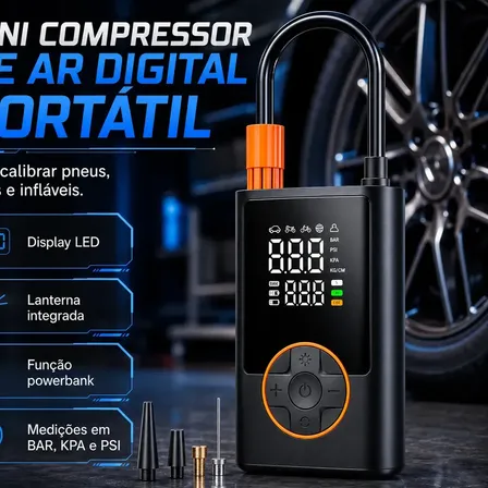 Compressor Portátil Car Air Pump Digital Com Visor Para Carro Moto Bike Calibrador De Pneu Multifuncional