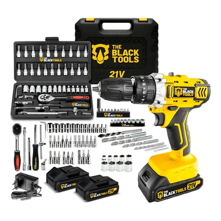 Furadeira Parafusadeira De Impacto 2 Baterias 21v + 46 Peças Amarelo 110v/220v 60hz