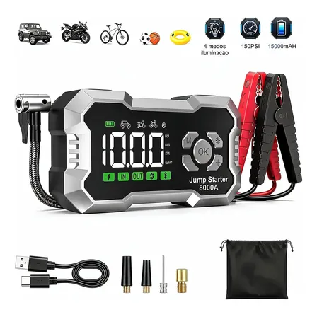 Portátil Auxiliar Partida Bateria Compressor Ar Inteligente Preto 12