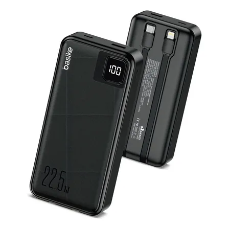 Power Bank Basike 20000mAh Preto, Carga Rápida 22.5W para iPhone e Samsung, Com Cabos Embutidos e Display
