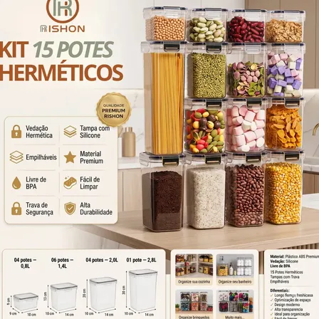 Kit 15 Potes Hermético Cadencia Mantimentos Retangular Cozinha Branco Rishon 22,4 Litros