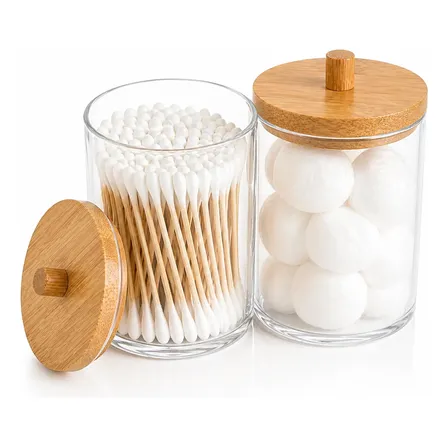 Kit 2 Porta Cotonete Algodão Acrílico Bambu Tampa Banheiro Transparente Redondo