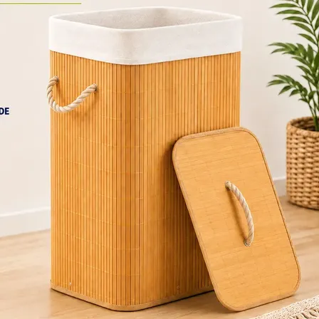 Vittak Cesto De Roupa Bambu 72 Litros Dobrável Retangular Com Tampa E Forro