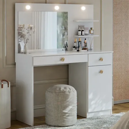 Penteadeira Camarim Jolie Com LED Espelho E 2 Gavetas Organizadora Maquiagem Para Studio E Quarto Cor Branco