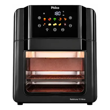Philco PAF15C Fritadeira Air Fryer Oven 15 Litros Revestimento Redstone Porta Removível Luz Interna 10 Funções Preta
