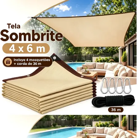 Tela Sombrite 90% Garagem Cobertura Piscina 4x6m Acabamento Bege Trança