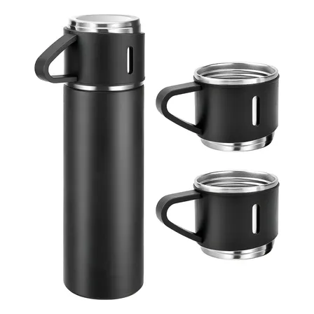 Caneca Kit Garrafa Térmica Vacuum Bottle Inox 500ml + 3 Xíca Preto