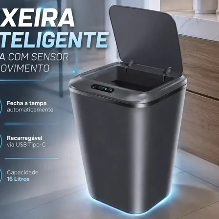 Lixeira Inteligente Automática Cinza Universal Com Sensor Recarregável Earman Company Anti Odor 16l Recarregável Usb