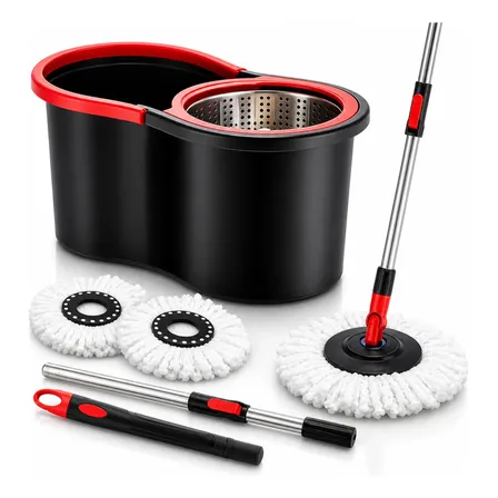 Mop Esfregão Giratório Com Balde 8 Litros Cesto Inox 2 Refil Preto