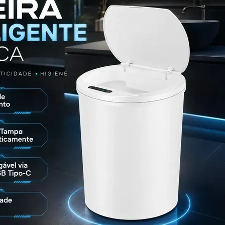 Lixeira Inteligente Automática Branca Com Sensor Anti Odor 16l Recarregável Usb Abre Sozinha