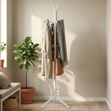 SONGMICS Cabideiro de Pé, Mancebo para Roupas de Aço,Suporte Independente,Ganchos para Chapéus e Bolsas, Branco Pérola