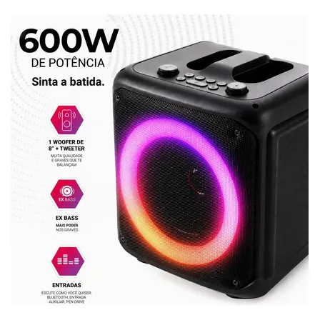 Caixa De Som Bluetooth Portátil 6,5 3000mah Karaokê Rgb Preto 5v