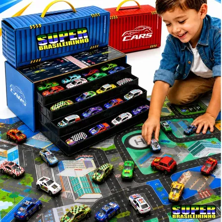 Maleta 48 Carrinhos + Tapete Pista 40x60 Estacionamento Brinquedo Infantil Presente Criança - Super Brasileirinho