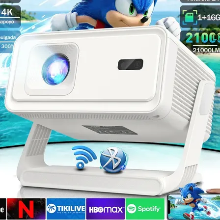 Projetor Android 14 com Wi-Fi 6 e Bluetooth 5.4, Foco Automático e Correção 6D, Rotação 180°, Suporta 4K e Áudio Dolby