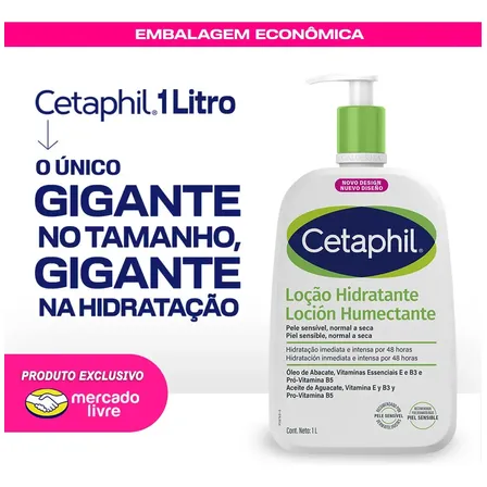 Cetaphil Loção Hidratante Corporal e Facial para Pele Sensível, Normal a Seca 1L - Hidratação 48h